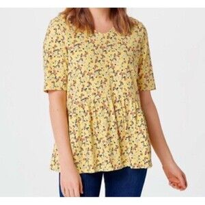 Denim & Co. Peplum Top Womens Size Large Pale Yellow Floral V-Neck Short Sleeve
